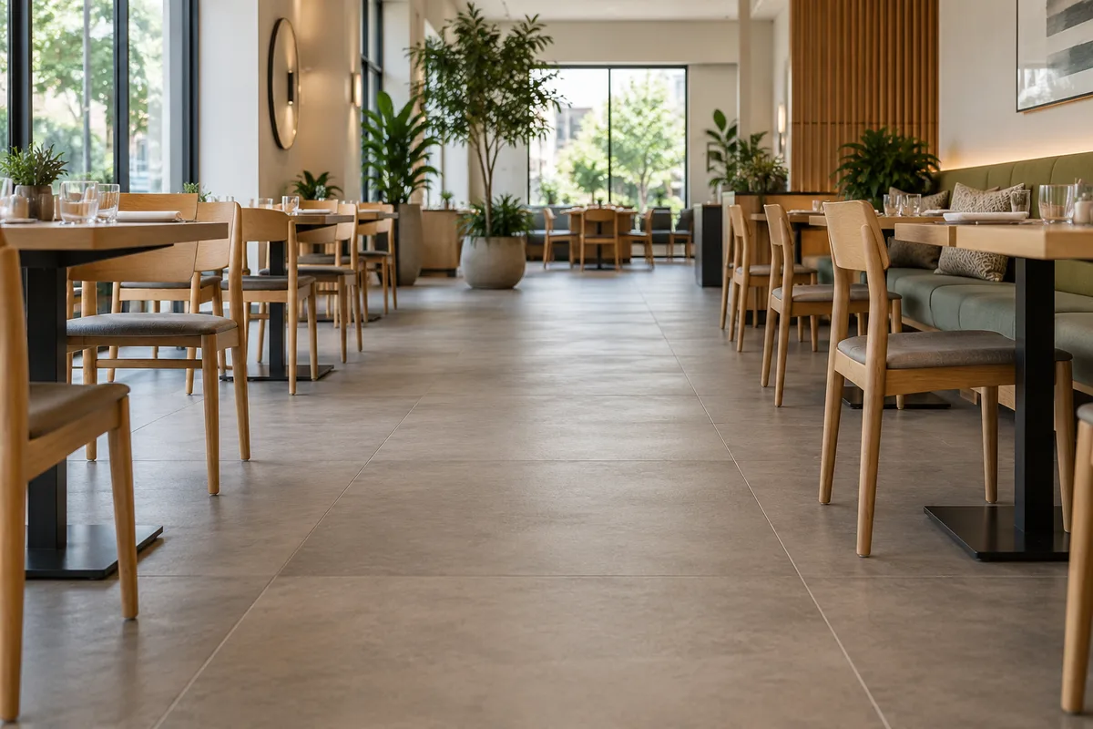 Salle de restaurant vide avec une allée dégagée entre les tables sur un sol en grès cérame mat, vue à hauteur d’assise