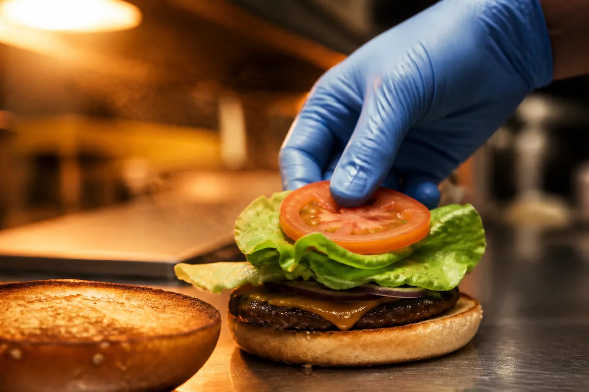 Main gantée déposant une garniture sur un burger derrière un comptoir de restauration rapide