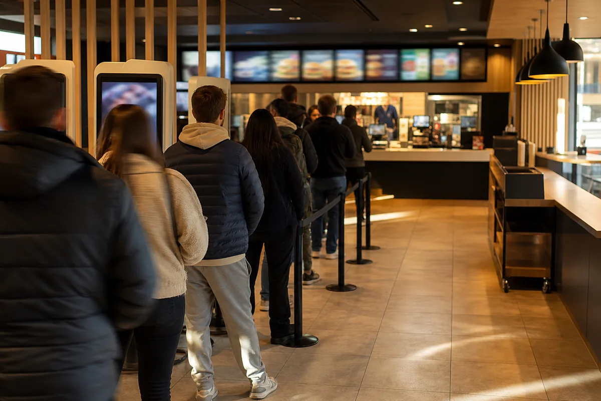 File de clients devant le comptoir de commande d’un fast-food à l’heure du déjeuner