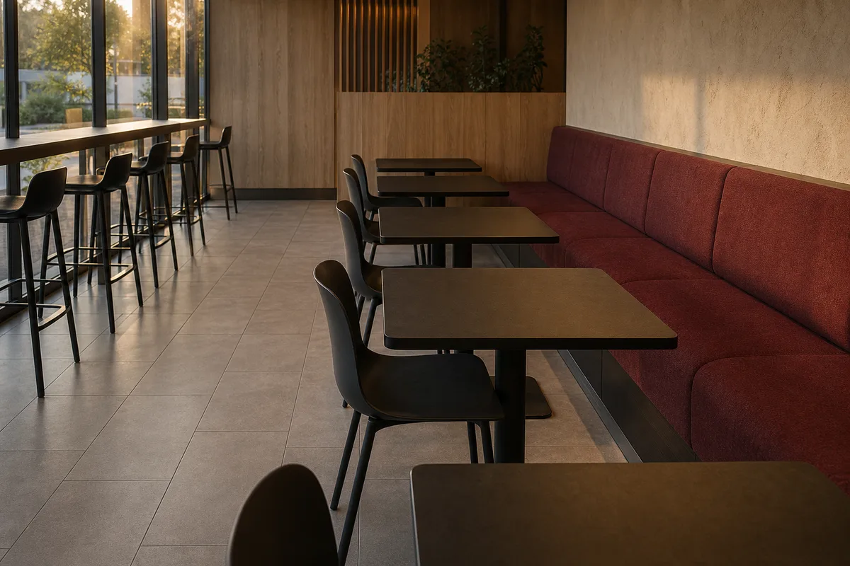 Salle de restaurant rapide meublée de tables stratifié et de chaises métal robustes