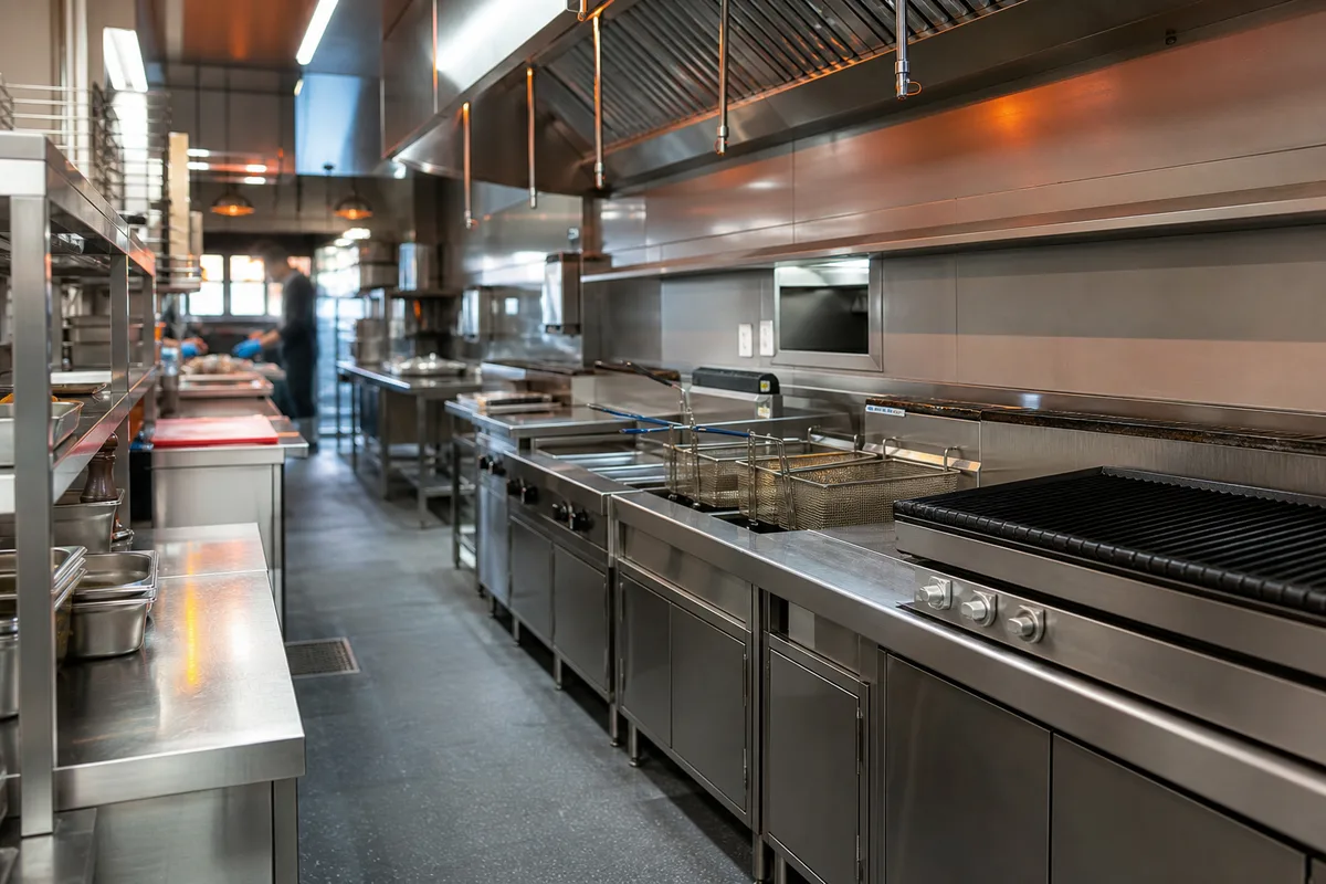 Ligne de production inox d’une cuisine de fast-food organisée en marche en avant