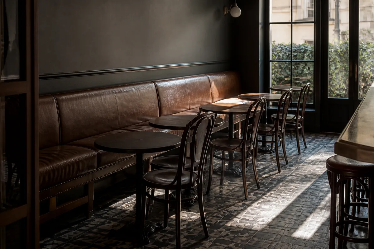 Comptoir de bar en bois vu de trois quarts avec verres alignés sur une clayette