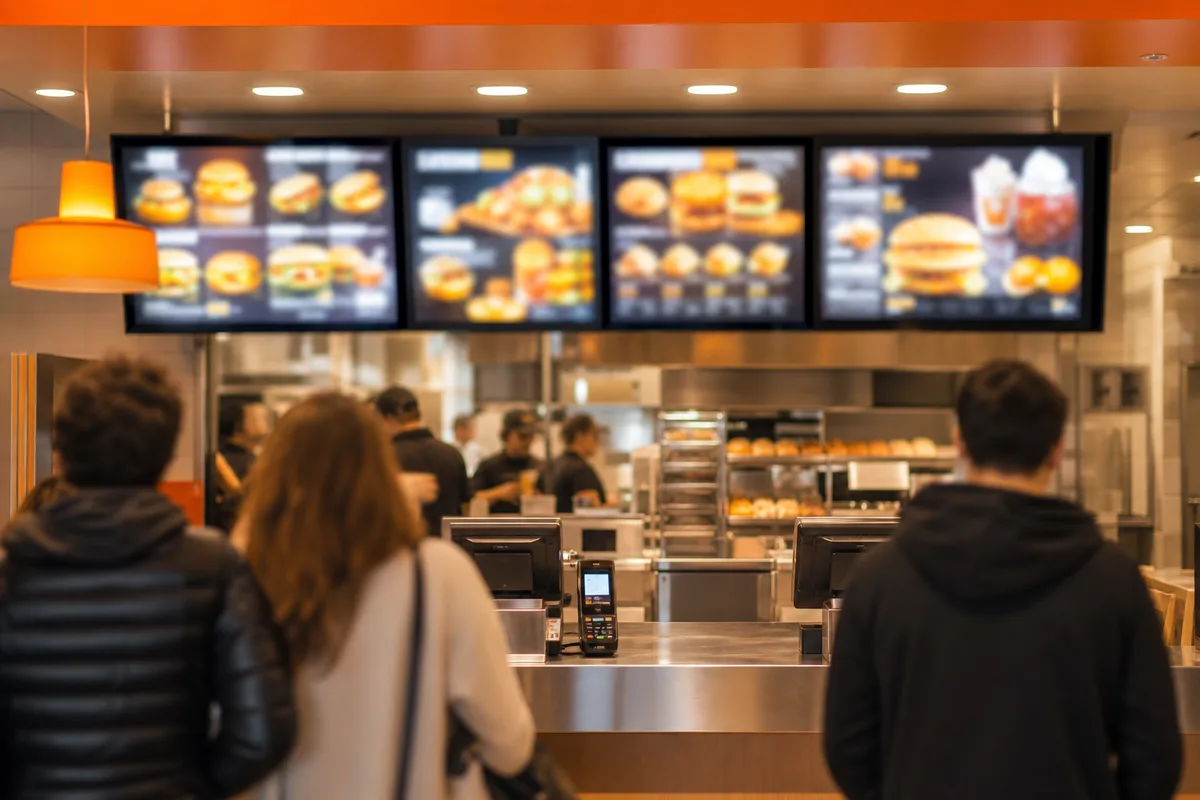 Comptoir de commande d’un fast-food avec écrans de menu à l’heure du déjeuner