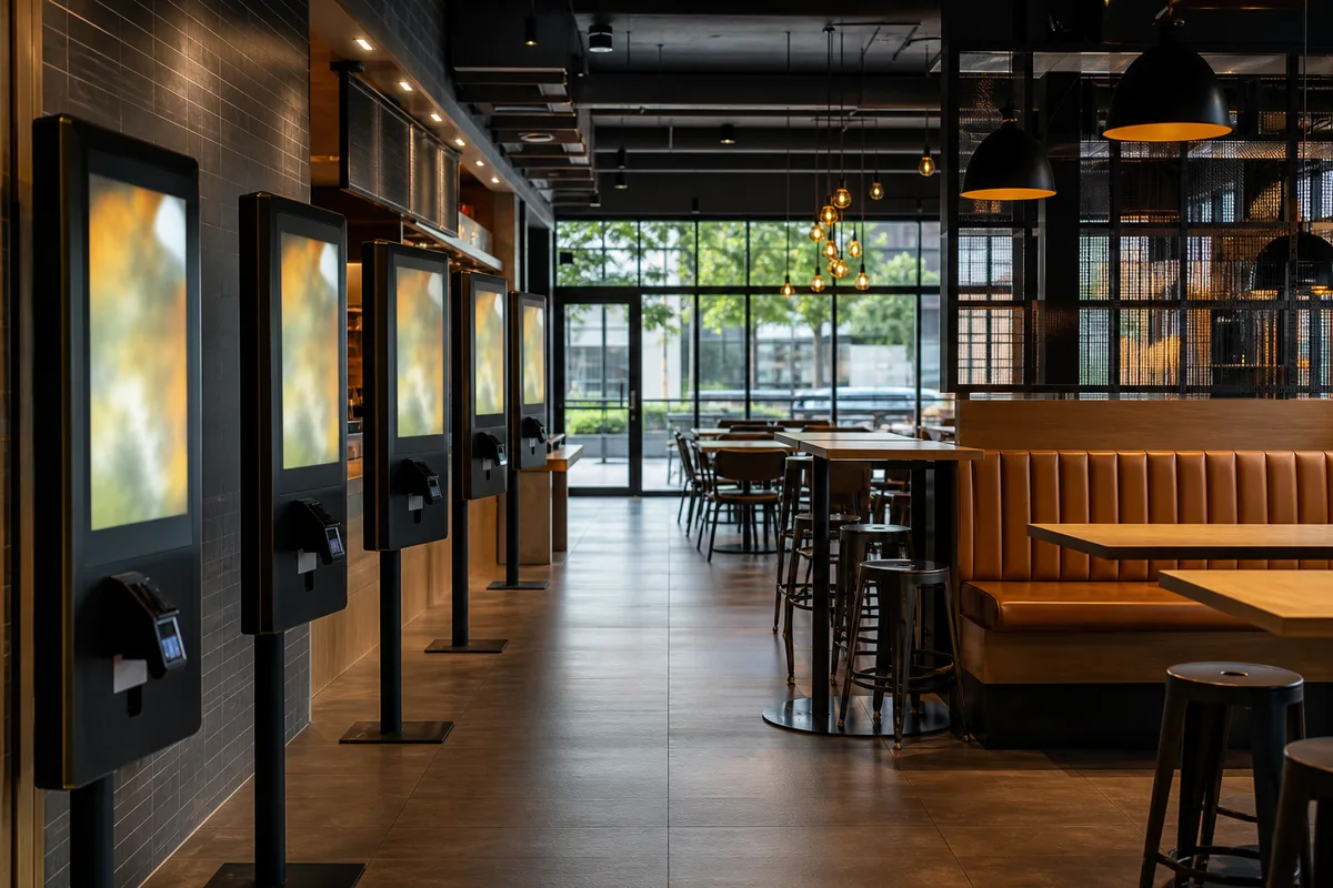 Salle moderne d’une chaîne de restauration rapide avec bornes de commande tactiles