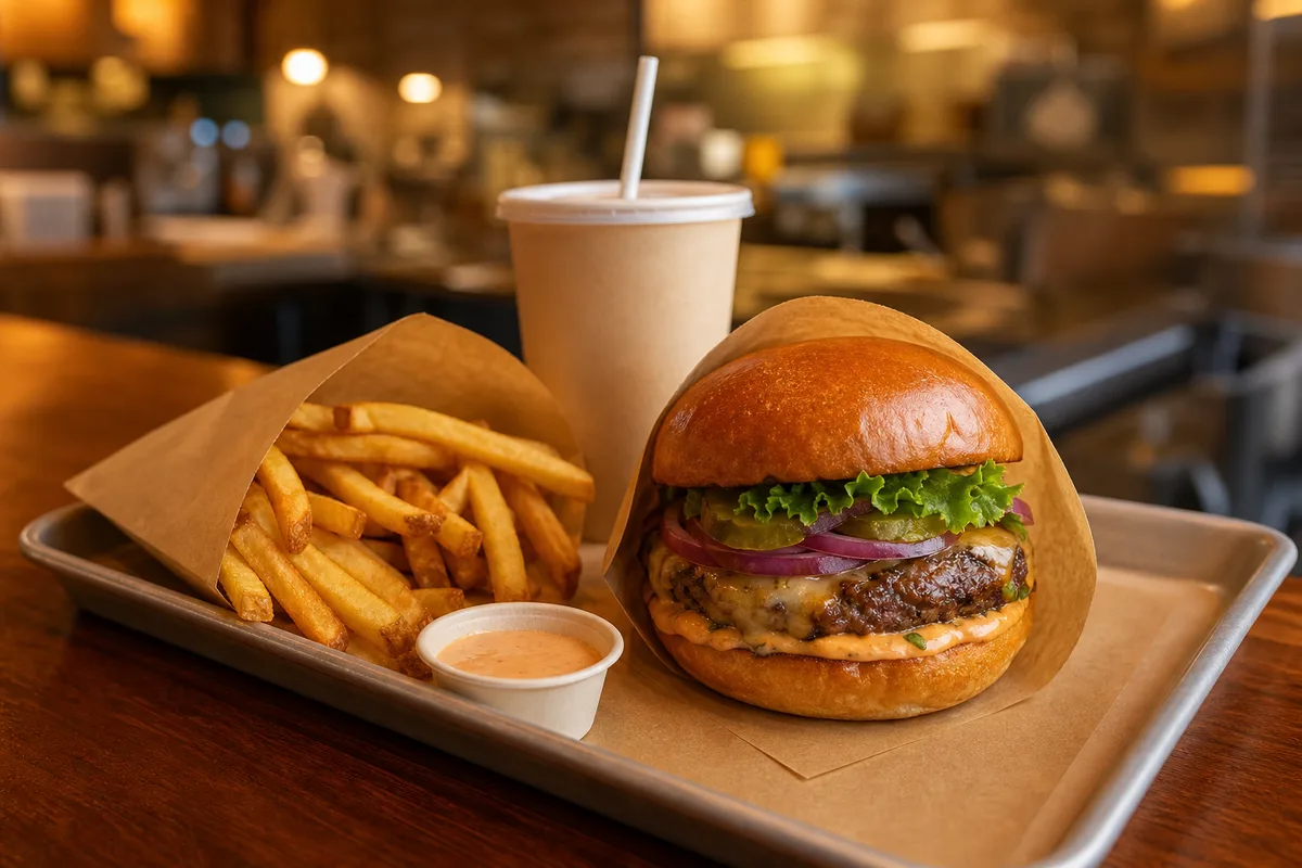 Plateau de fast-food garni d’un burger, de frites et d’une boisson sur un comptoir