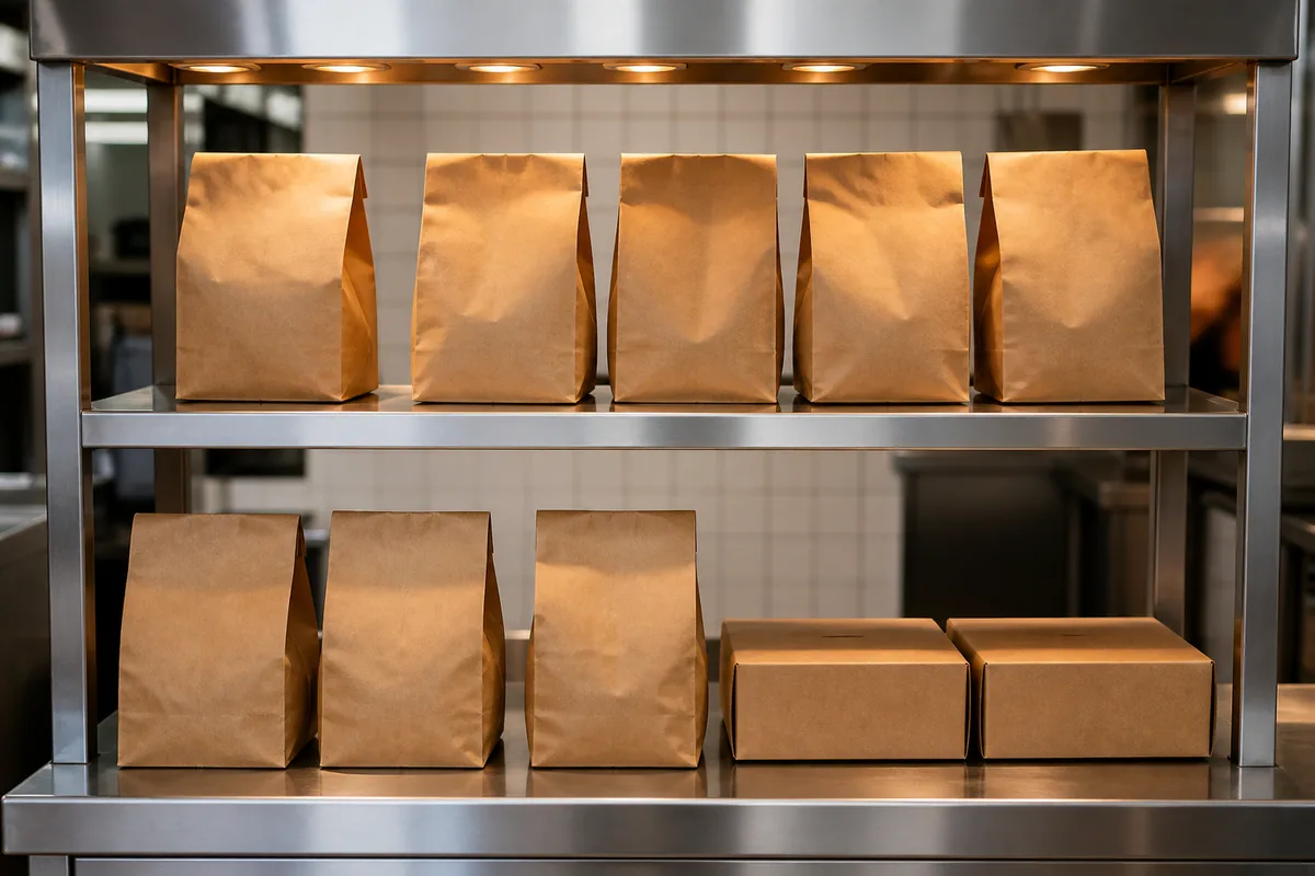 Comptoir de retrait d&rsquo;un fast-food avec sacs kraft alignés sur une étagère chaude
