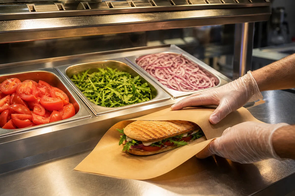 Rampe chauffante inox d&rsquo;un comptoir de restauration rapide avec plateaux prêts