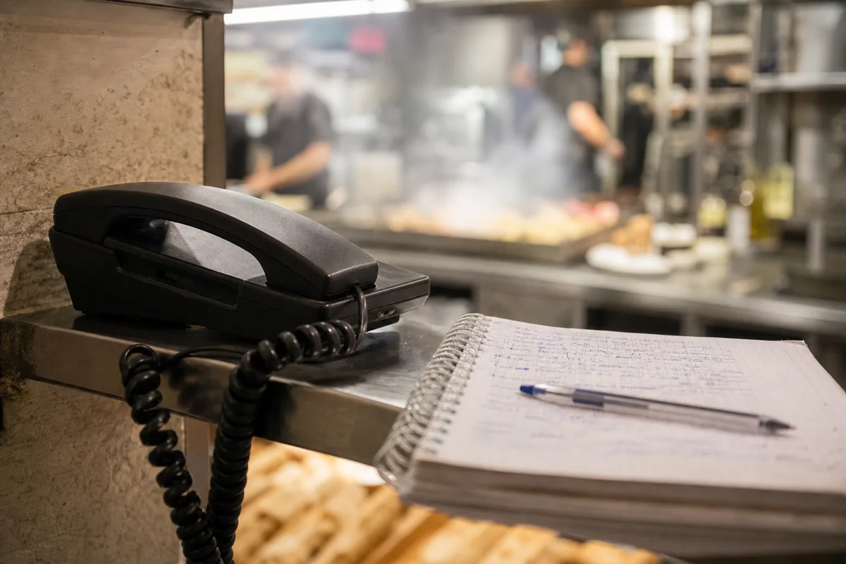 Téléphone fixe posé près du passe d&rsquo;un comptoir de restauration rapide pendant le service
