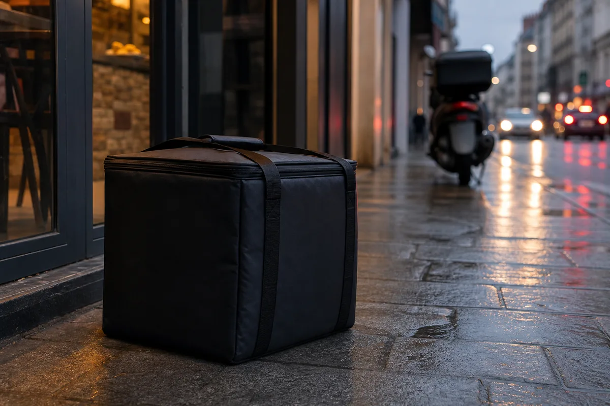 Sac de livraison isotherme neutre posé au sol devant l&rsquo;entrée d&rsquo;un restaurant rapide