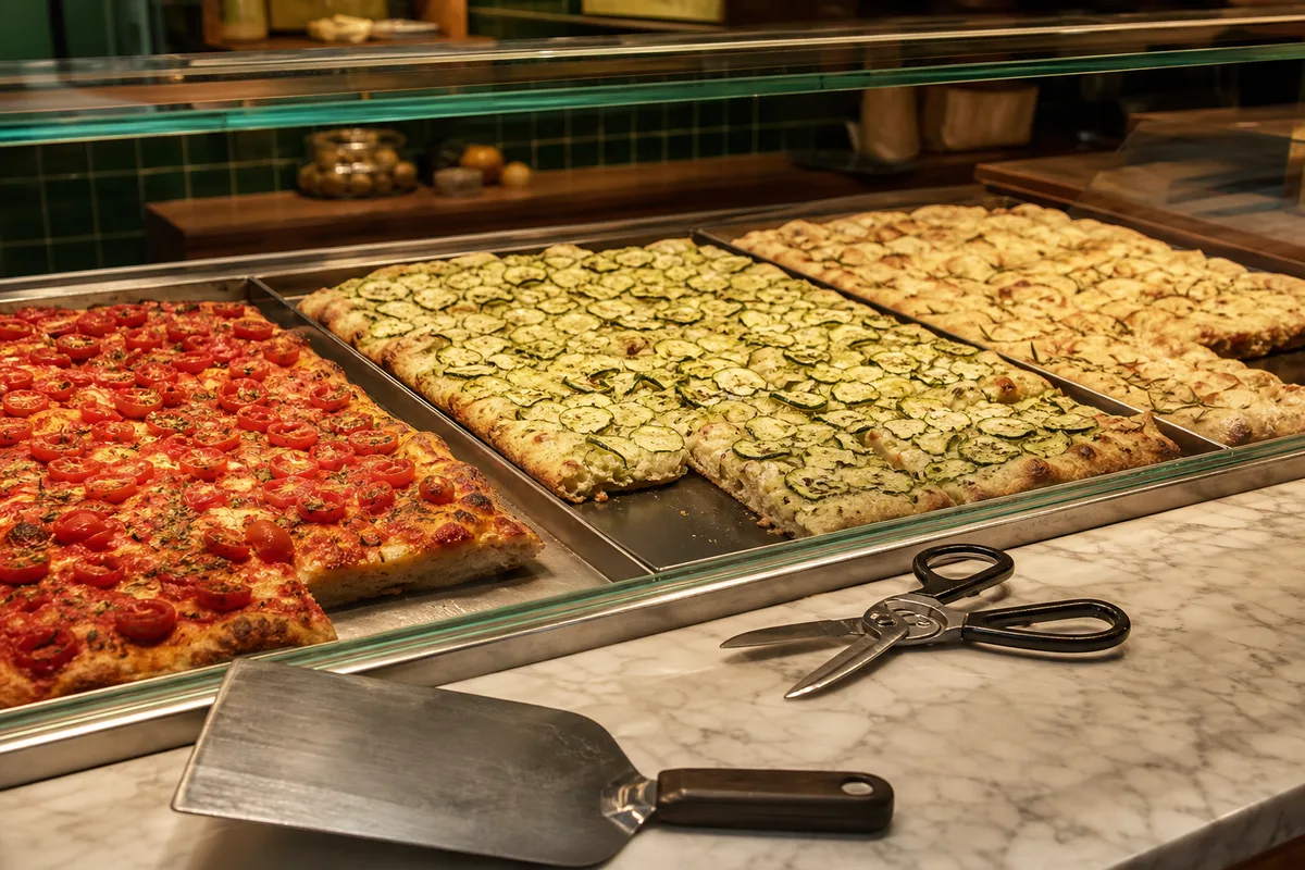 Vitrine de pizza à la coupe dans un comptoir italien, parts prêtes pour la vente à emporter