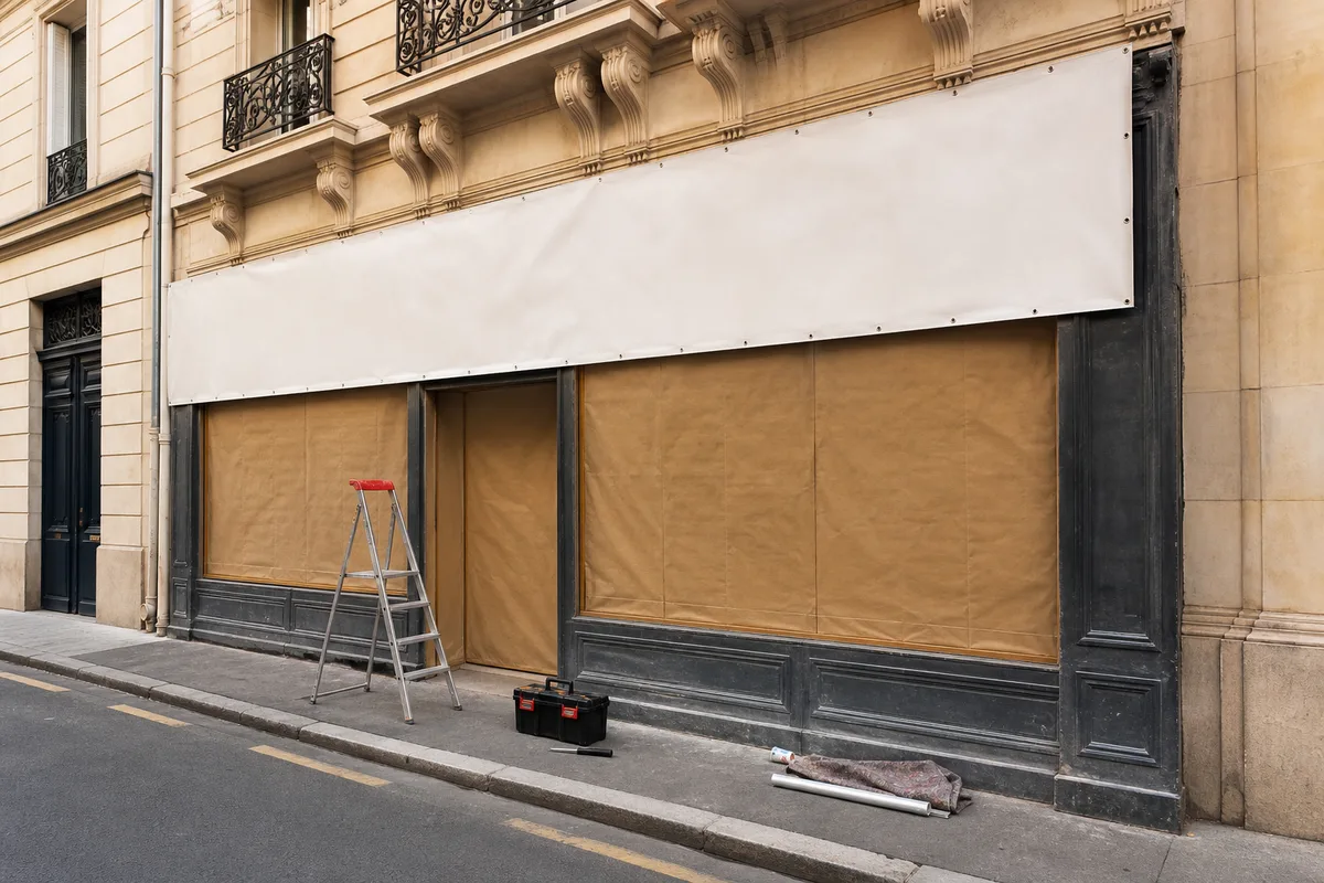 Vitrine de local commercial en travaux dans une rue française, bâche de chantier et outils