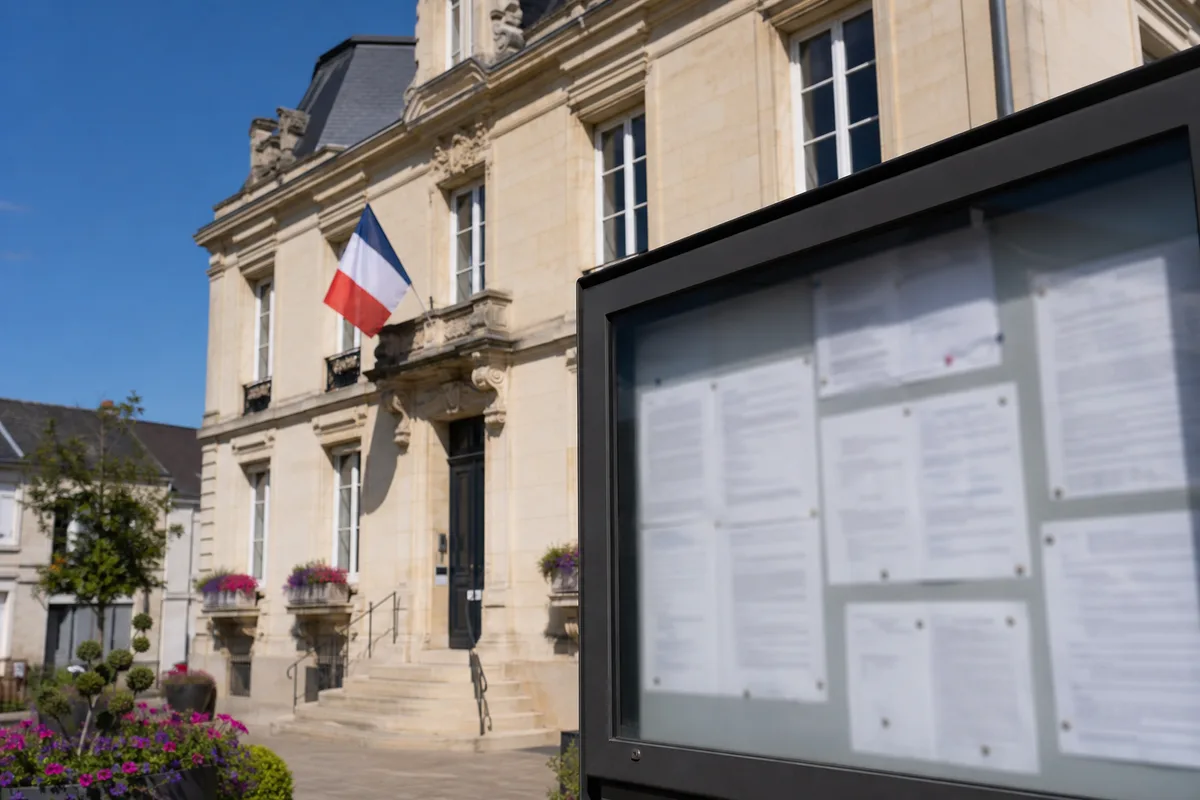 Panneau d’affichage municipal et façade de mairie française sous un ciel clair