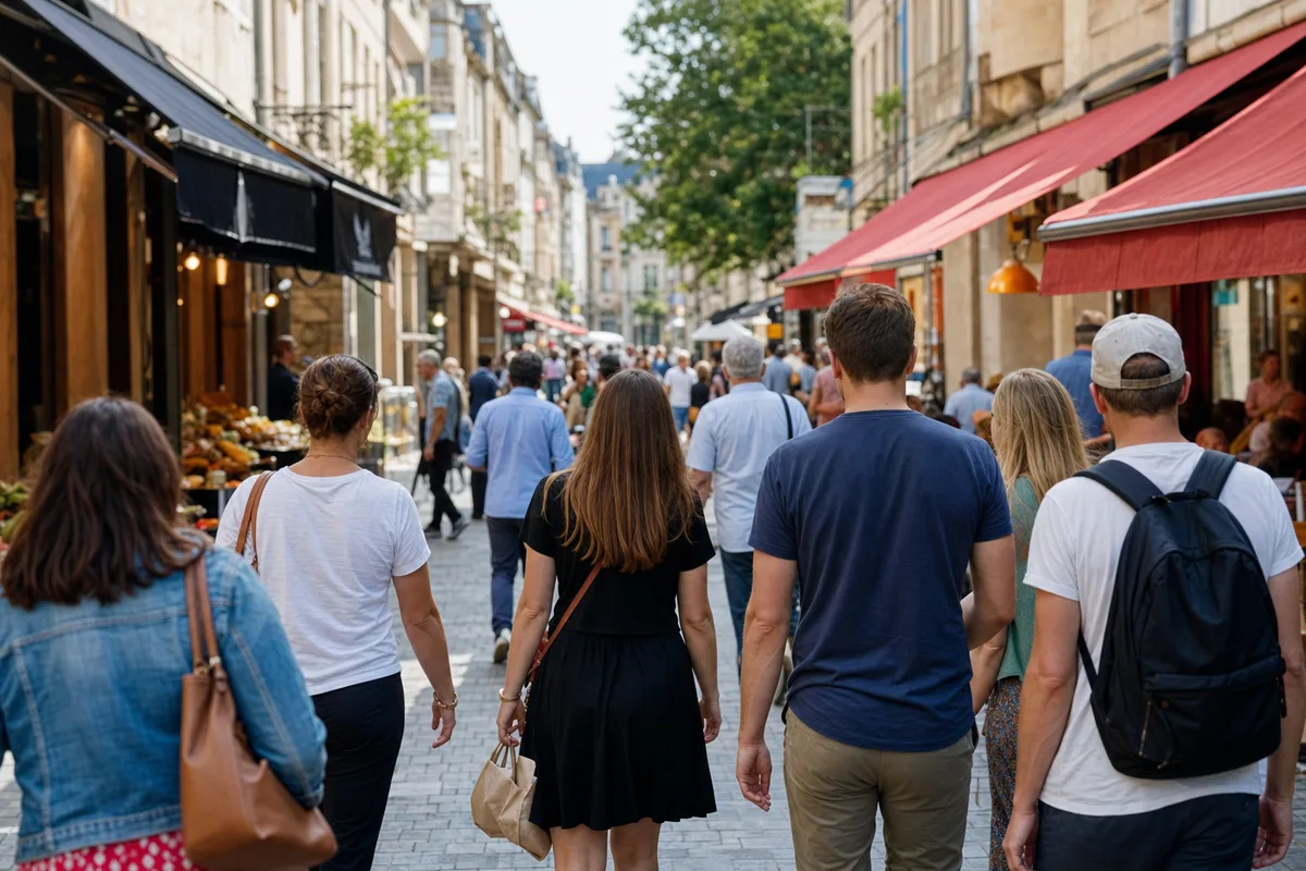 Rue commerçante française à l’heure du déjeuner, passants de dos devant des devantures