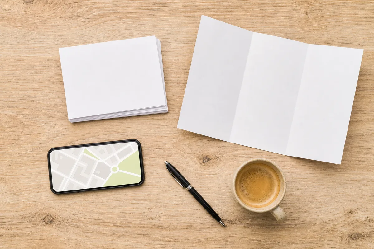 Pile de flyers et cartes de menu posés sur une table avec un smartphone affichant une carte