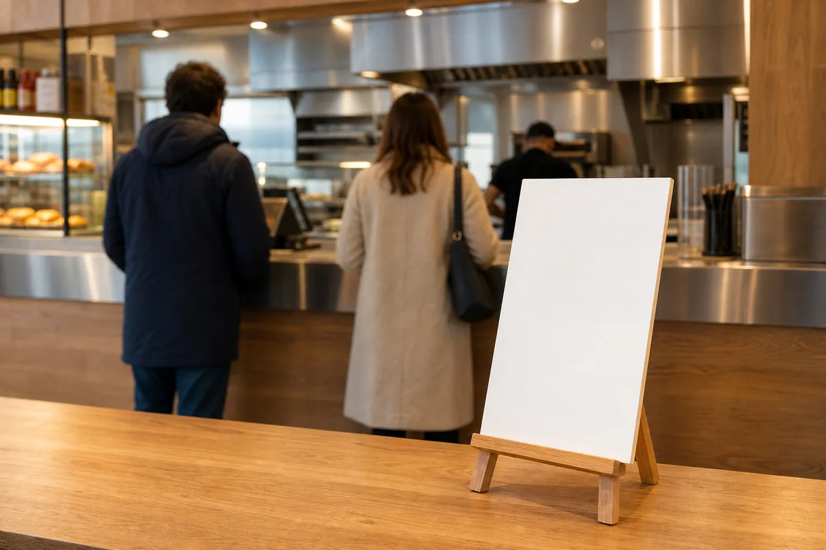 Comptoir de restauration rapide au premier service, chevalet de table et clients de dos