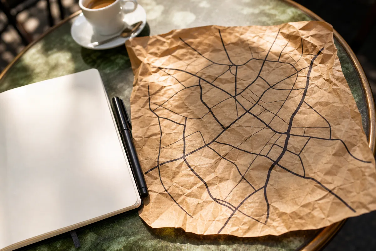 Plan de quartier annoté et carnet de notes posés sur une table de bistrot