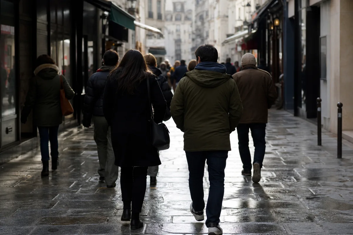 Rue commerçante animée à l’heure du déjeuner, personnes de dos devant des vitrines