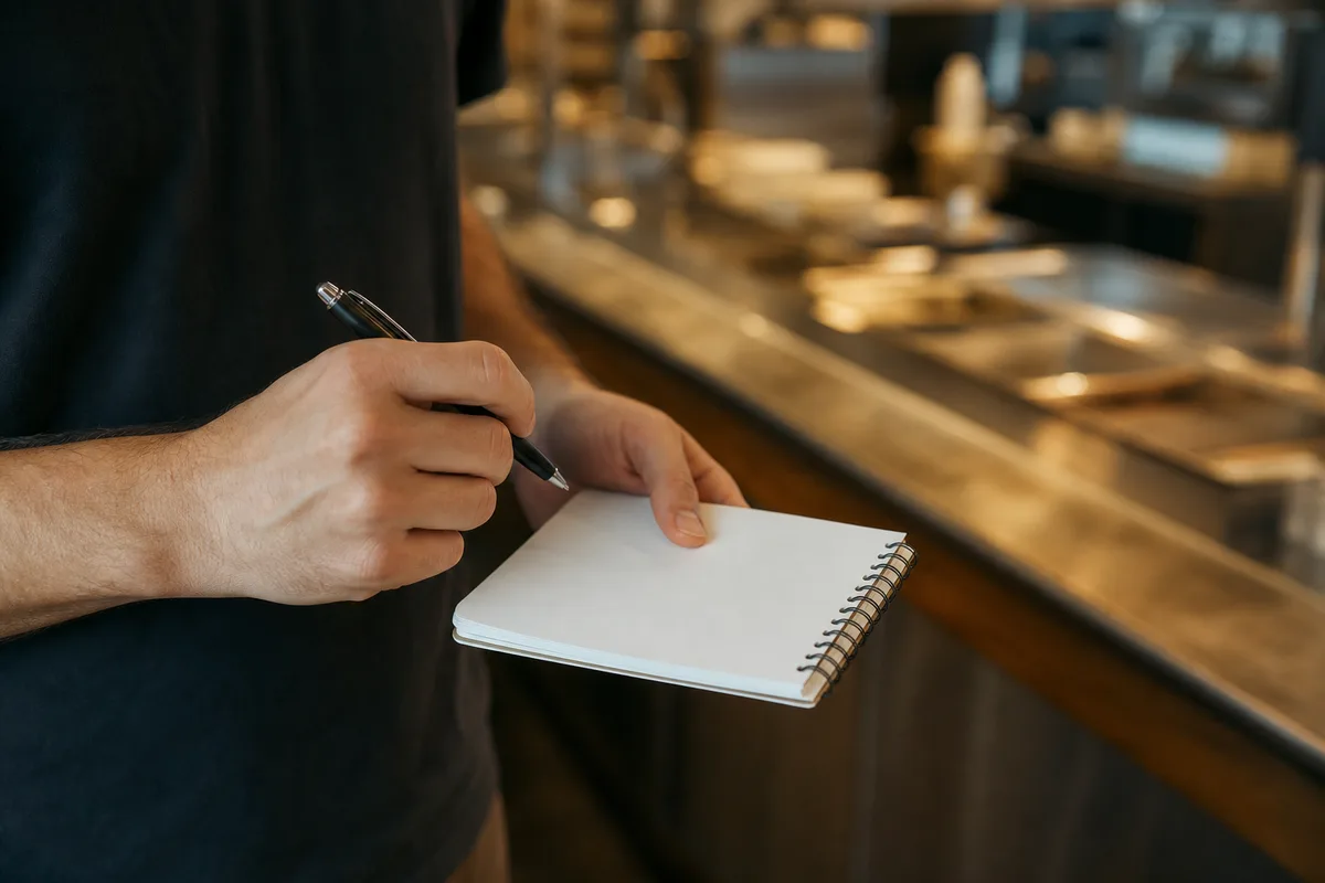Mains tenant un carnet de relevés devant un comptoir de restauration rapide