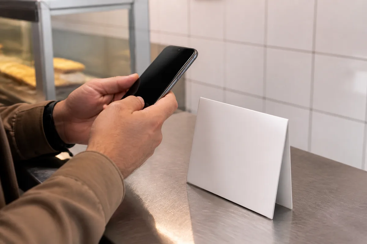 Client scannant un code sur un présentoir de comptoir dans un restaurant rapide