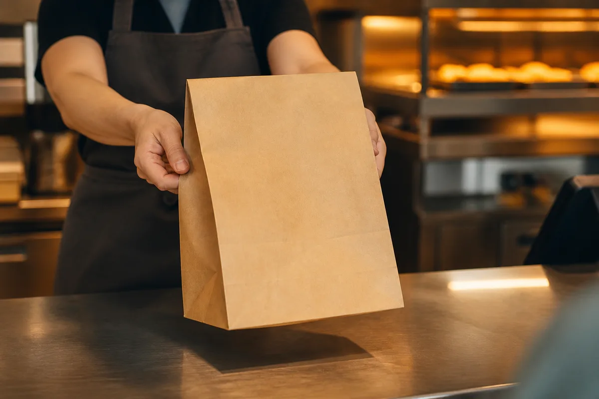 Mains d’un équipier tendant un sac kraft au-dessus d’un comptoir de restauration rapide