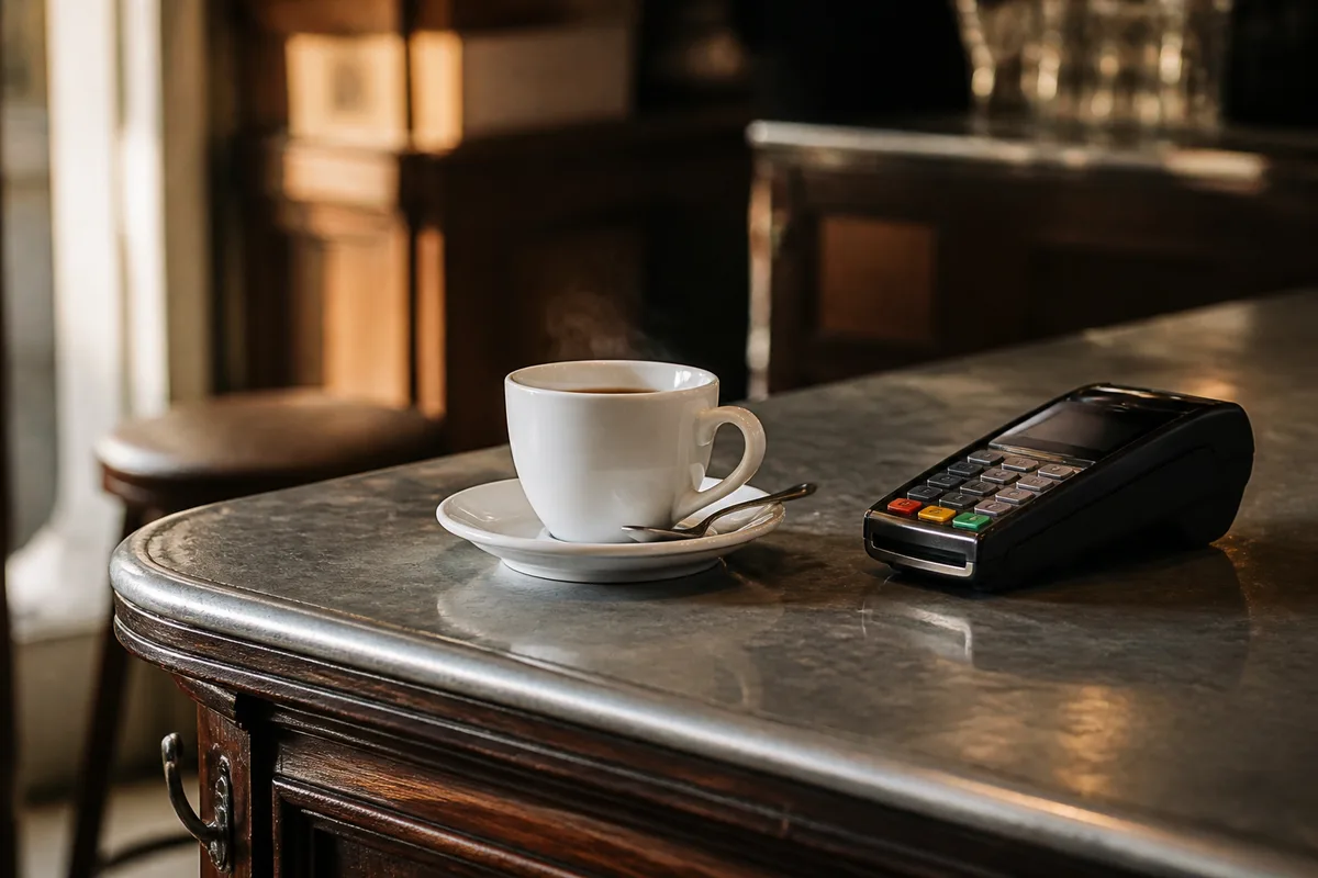 Comptoir de bar avec tasse à café posée près d’un terminal de paiement, lumière du matin