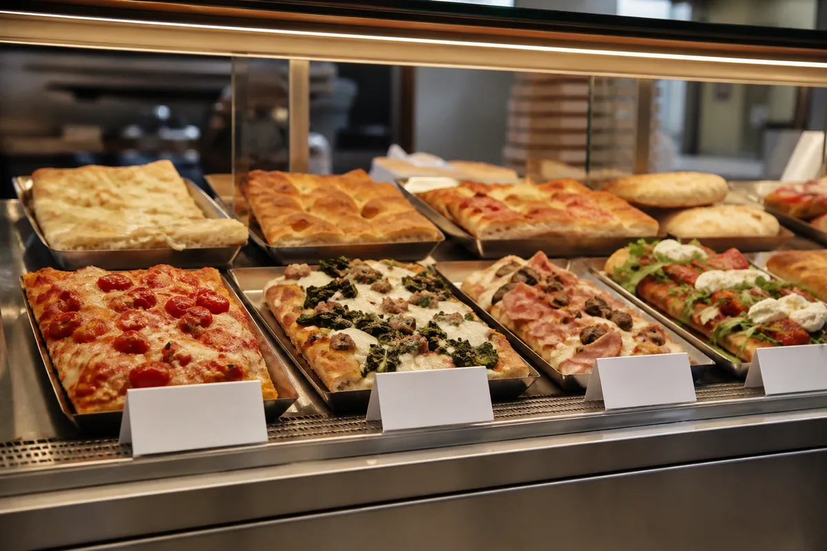 Vitrine de comptoir italien à emporter avec parts prêtes et étiquettes de prix vierges