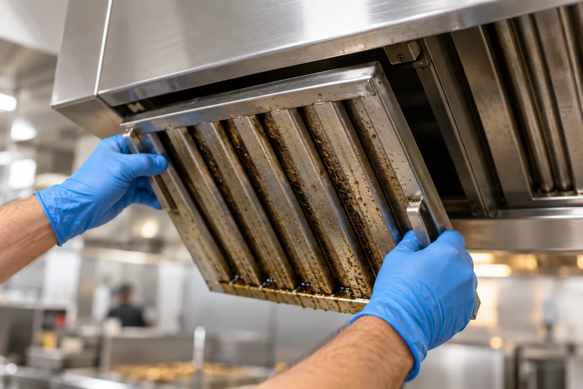 Mains gantées retirant un filtre à chicanes de hotte en inox au-dessus d&rsquo;une plaque de cuisson
