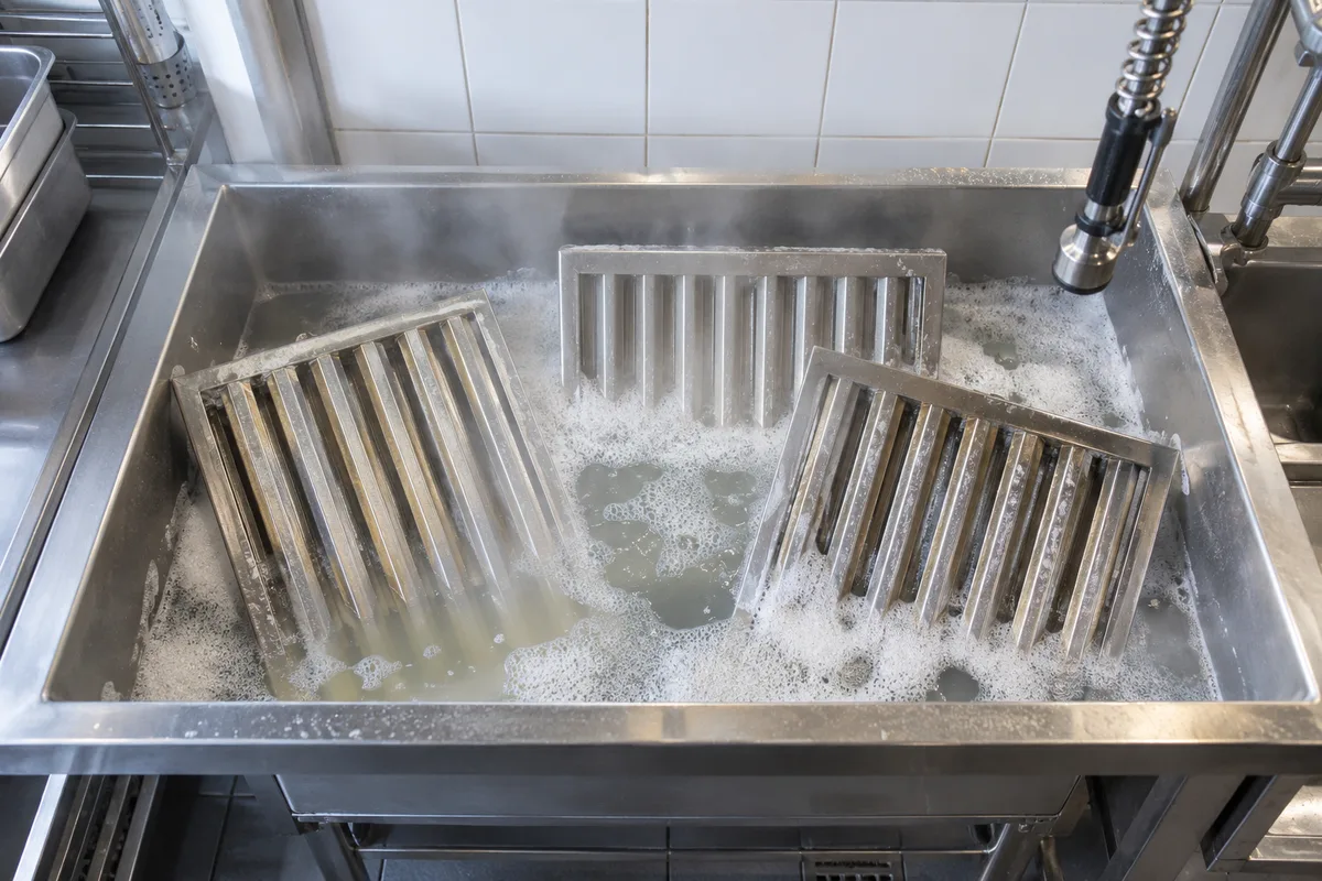 Filtres de hotte à chicanes en trempage dans un bac inox de plonge professionnelle