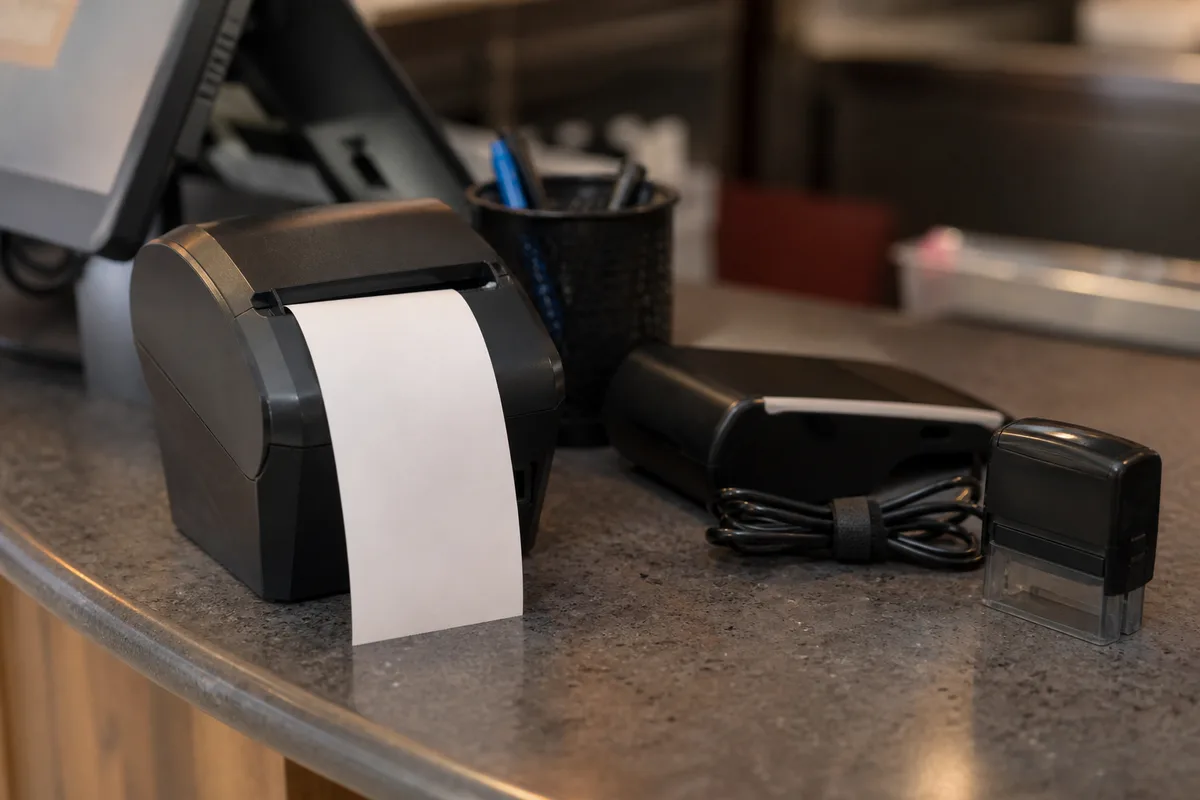 Comptoir de restaurant rapide avec terminal d&rsquo;encaissement tactile et imprimante à tickets