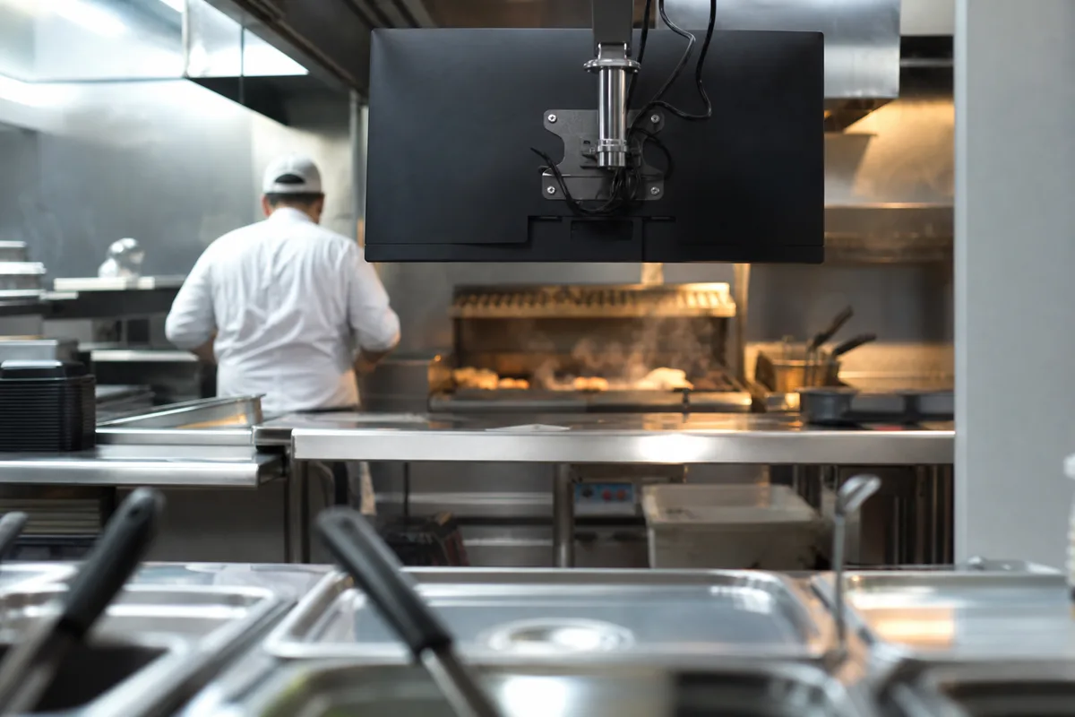 Écran de production de cuisine professionnelle vu de dos dans un passe de restauration rapide