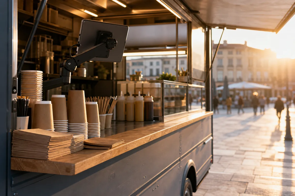 Tablette d&rsquo;encaissement sur support articulé dans un food truck stationné en ville