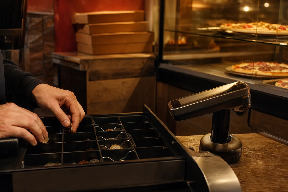 Comptoir de pizzeria italienne avec tiroir-caisse ouvert et terminal de paiement