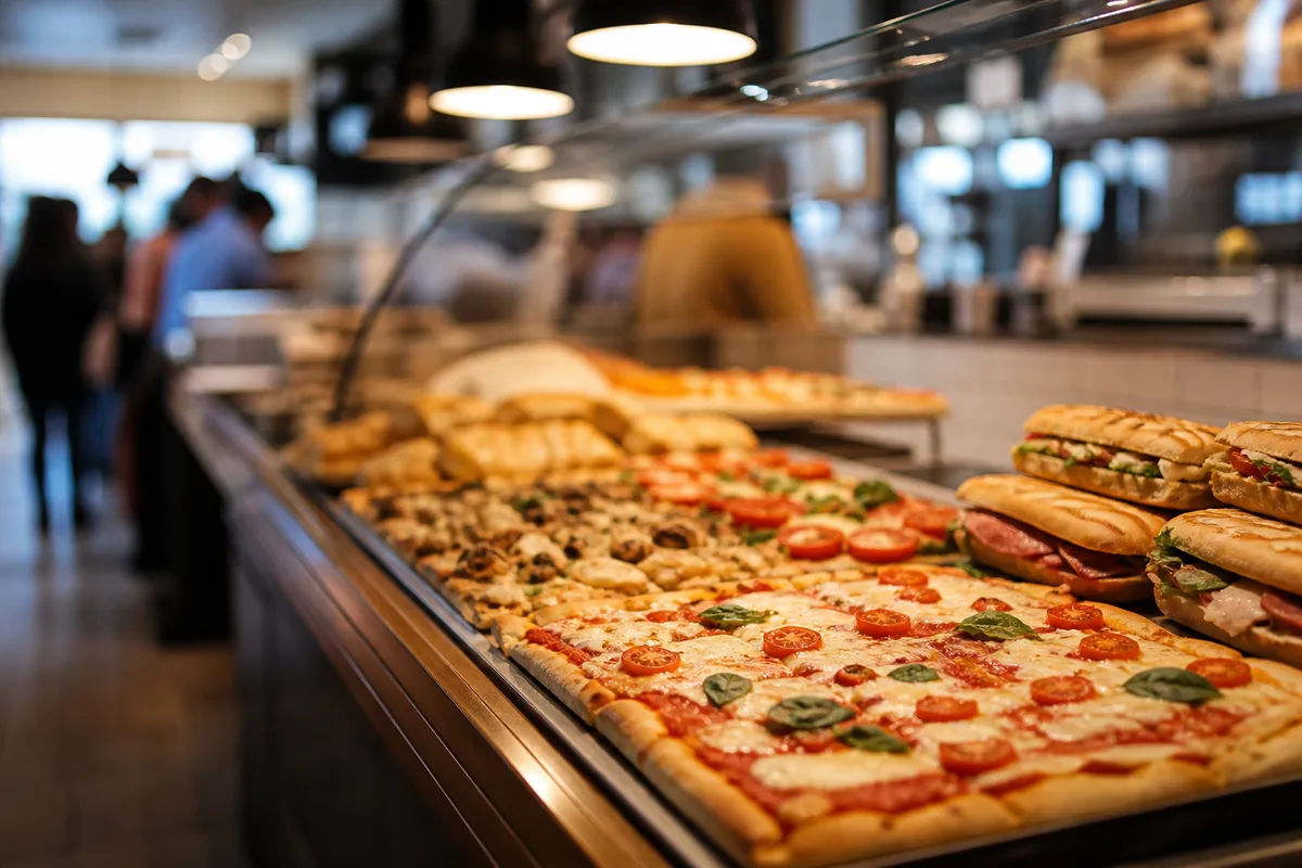 Comptoir de fast-food italien vu de trois quarts avec vitrine chaude et file de clients floutée en arrière-plan