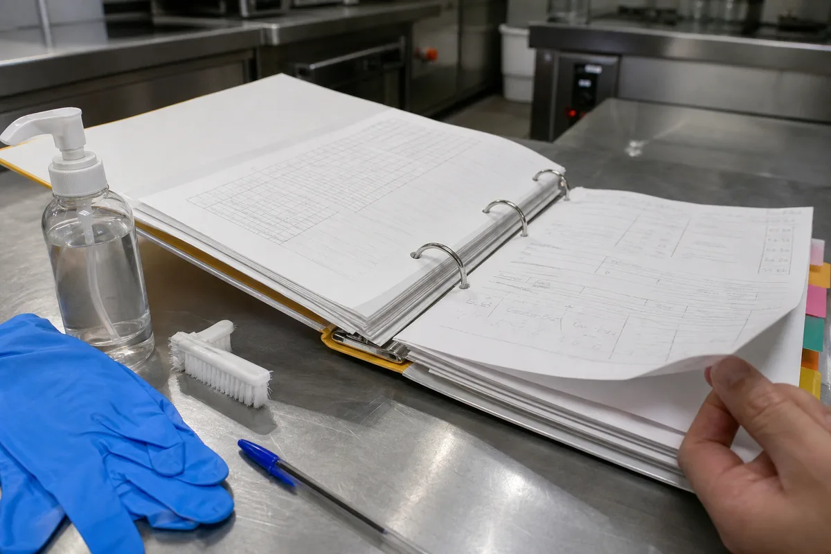 Classeur de plan de maîtrise sanitaire ouvert sur un plan de travail inox de cuisine professionnelle
