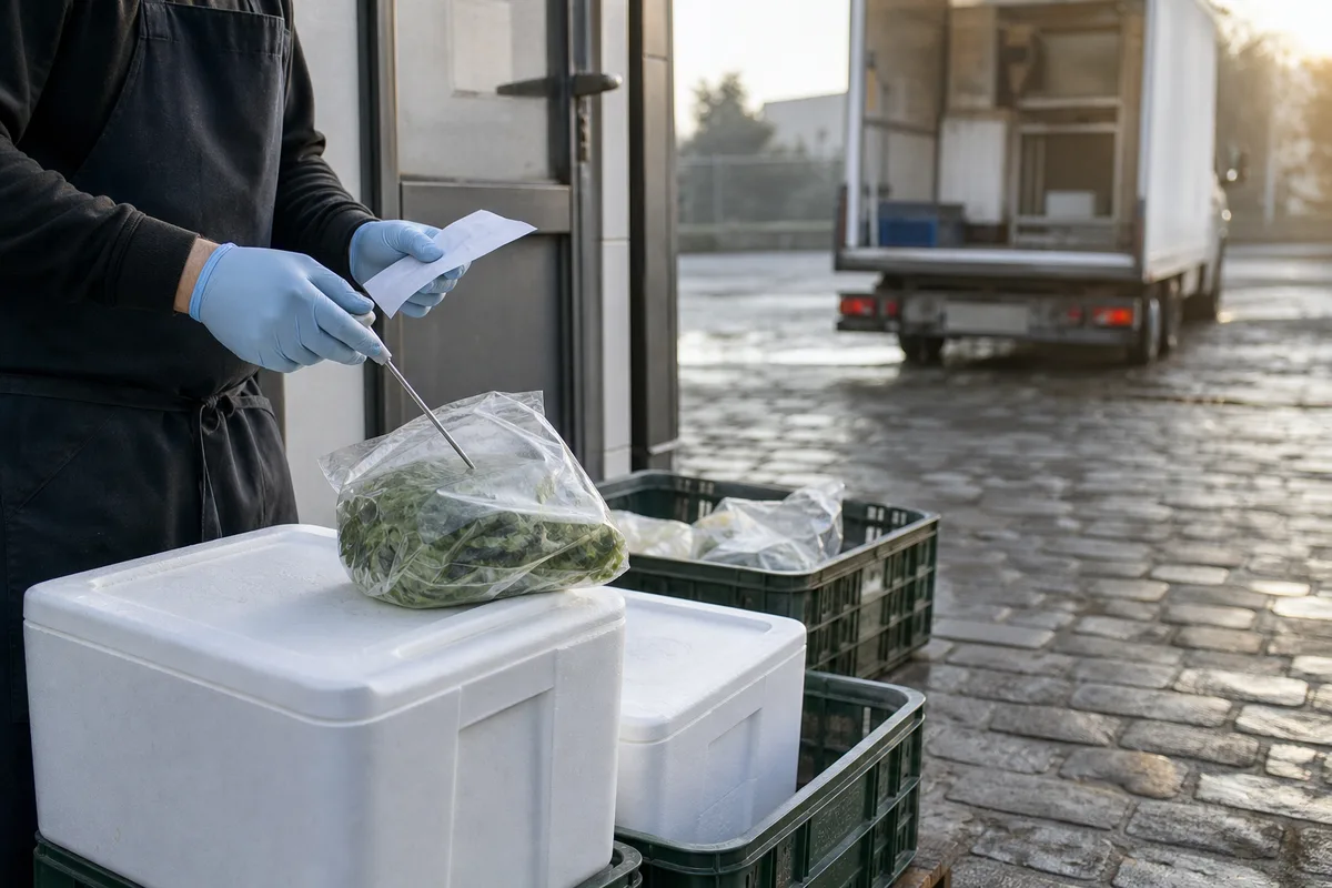 Livraison de marchandise contrôlée à la sonde thermométrique devant la réserve d’un restaurant