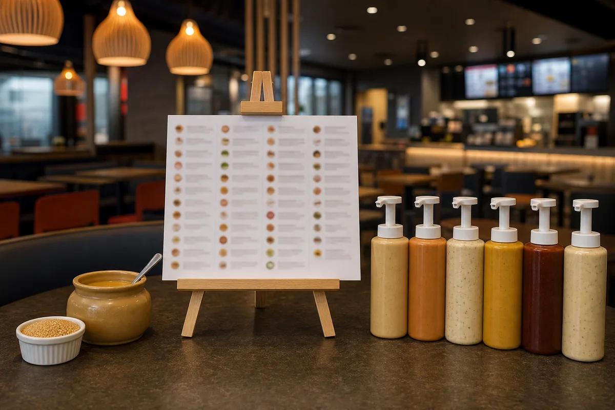 Menu de restaurant rapide affichant les mentions d’allergènes à côté d’une gamme de sauces